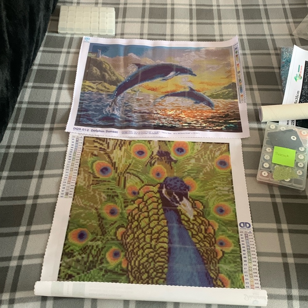 Diamond dot painting kits; 1- dolphin is partially done and 1- peacock